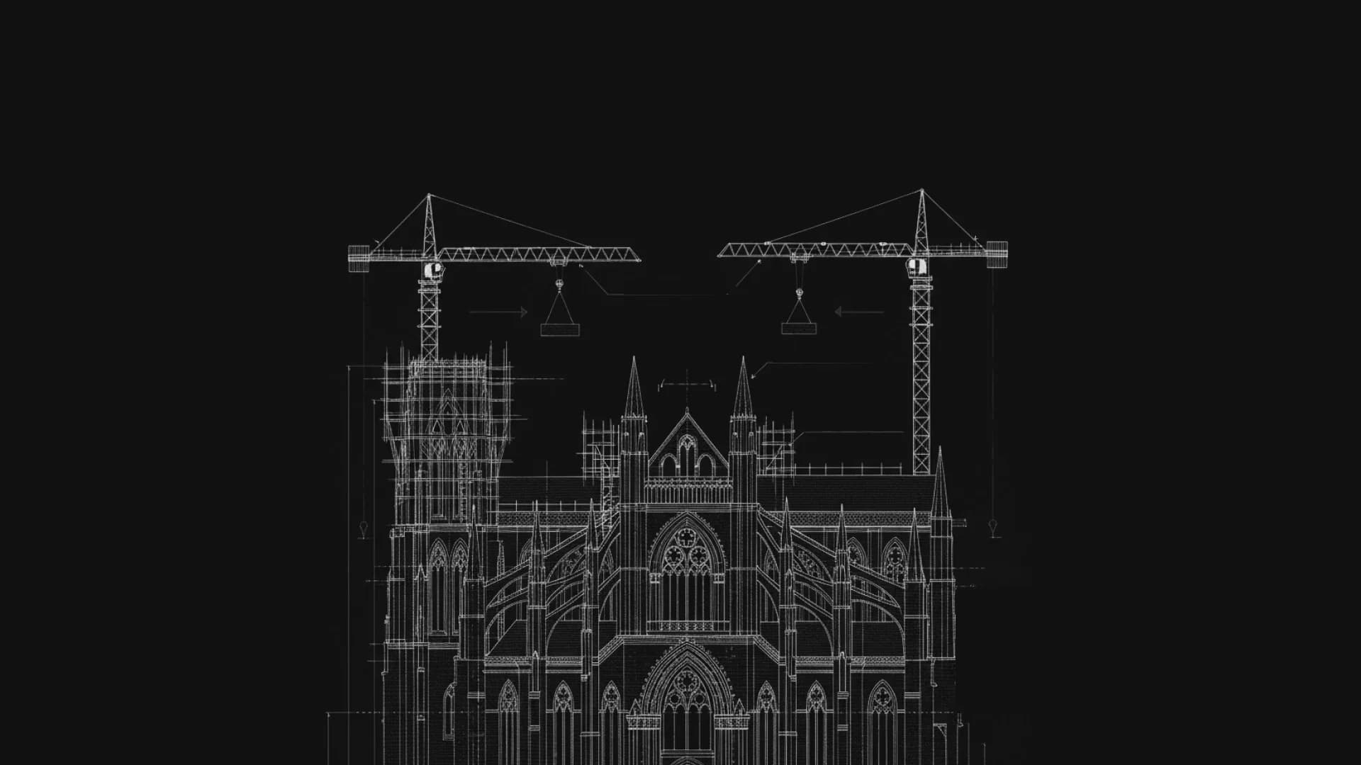 Architectural blueprint of a cathedral under construction