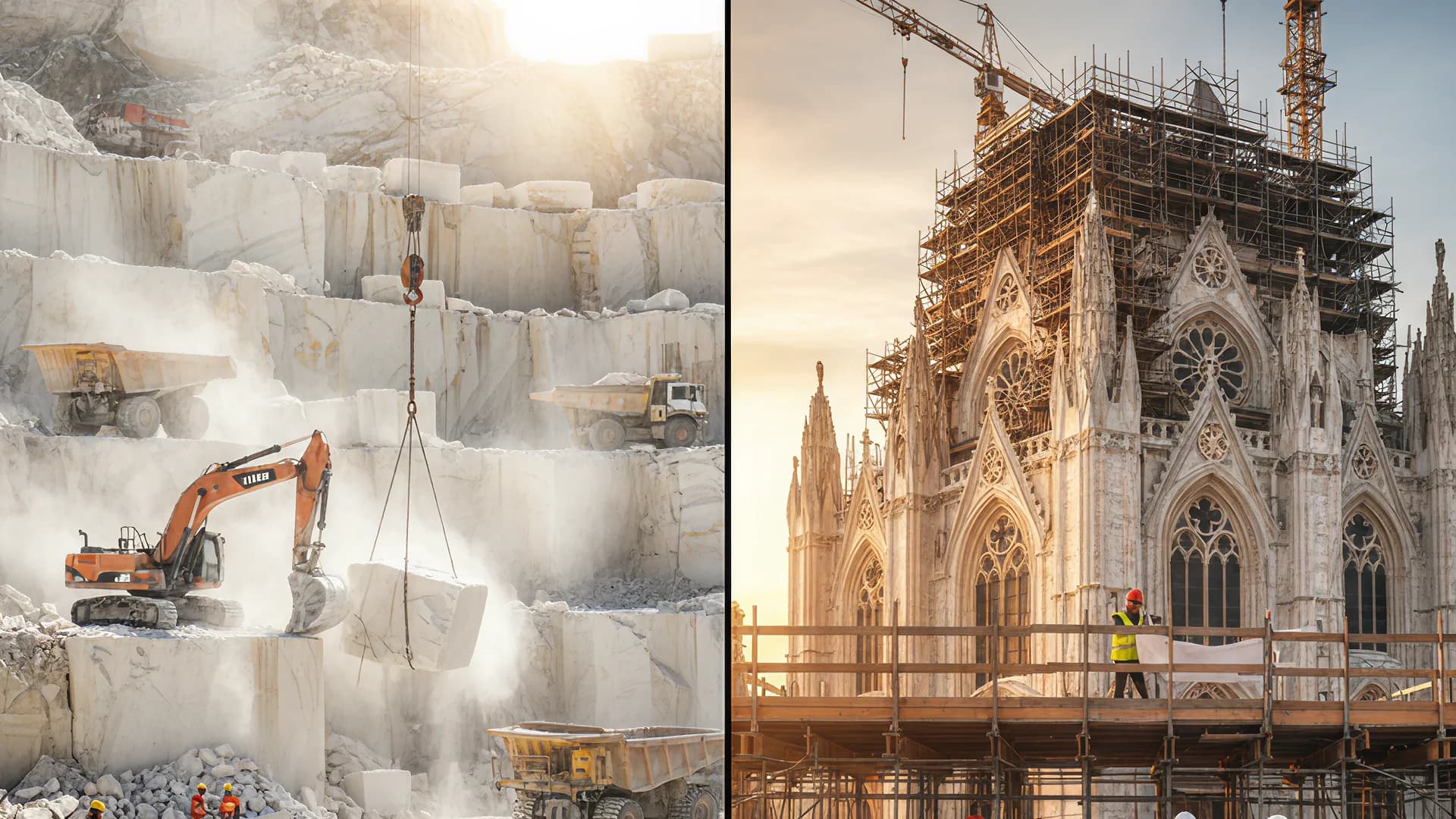 Marble quarry alongside a cathedral under construction — from raw stone to grand vision