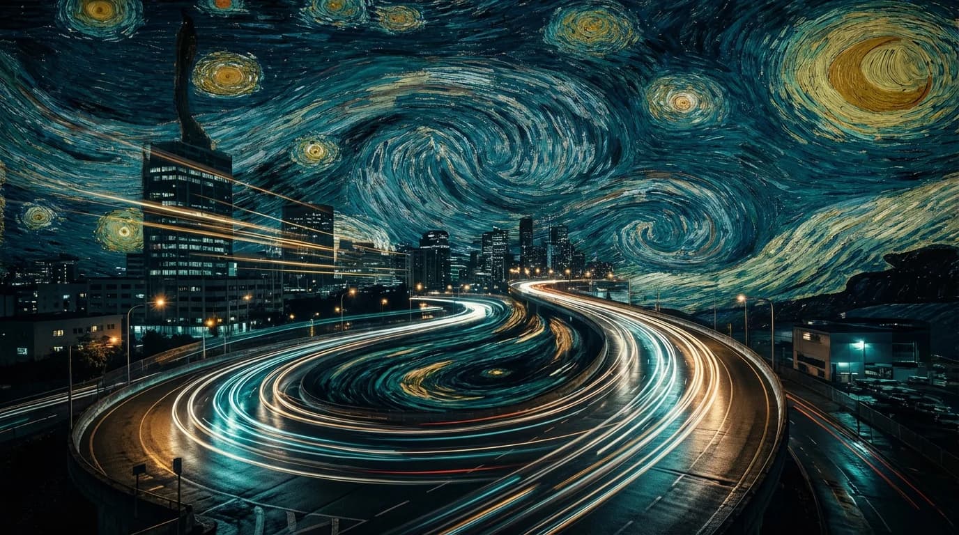 Close-up of Van Gogh-style brushstroke swirls in deep teal and gold